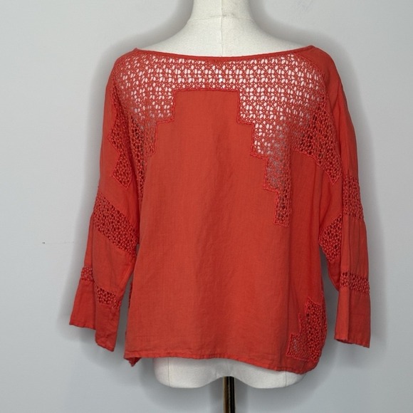 Free People Orange Crochet Linen Cotton Blend Boho Boxy Top Womens Small - Picture 4 of 6